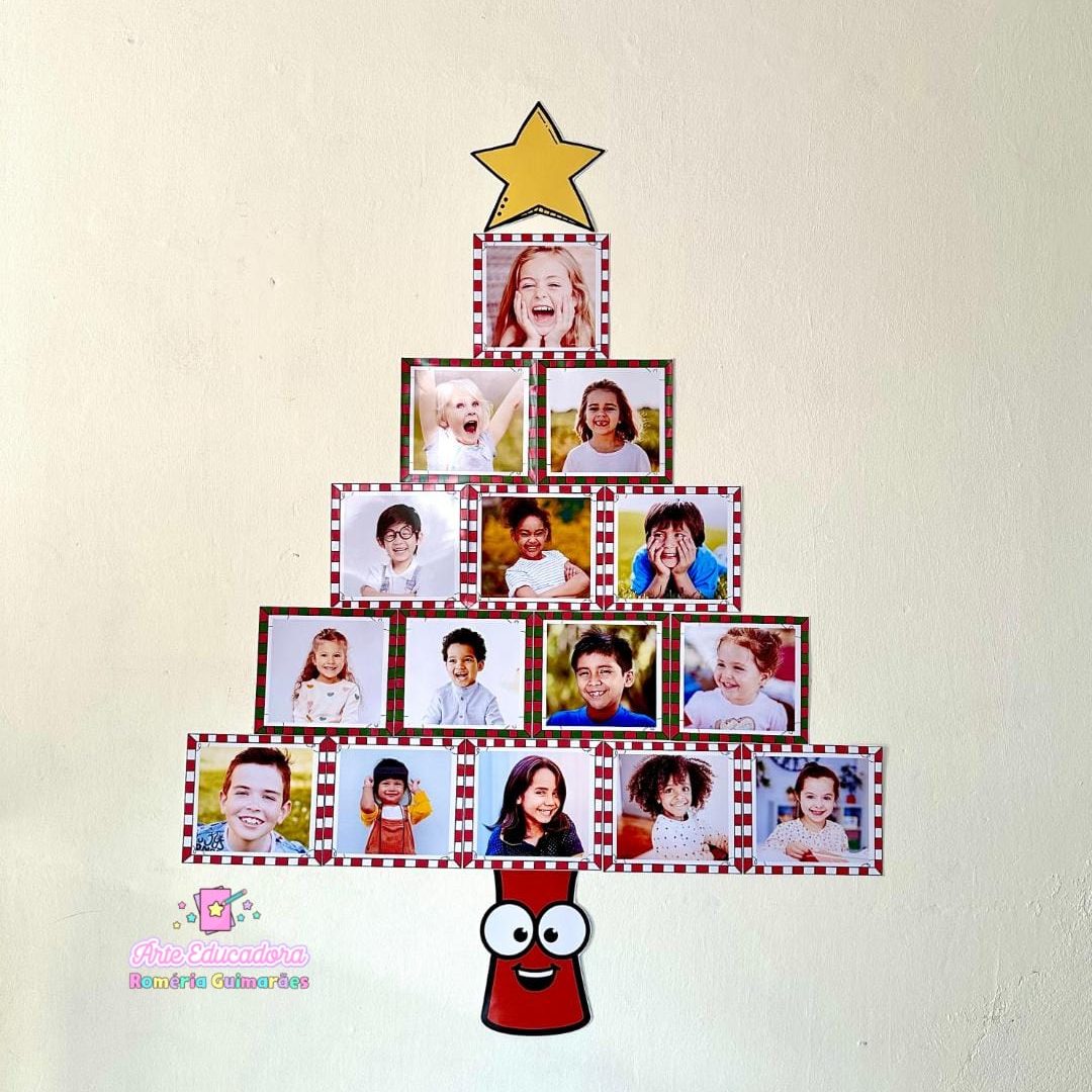 Mural de fotos em formato de árvore de Natal