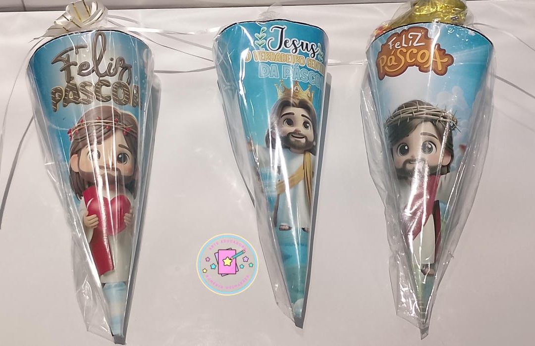 Modelos de cones para doces ou pipoca : Tema Páscoa cristã.
