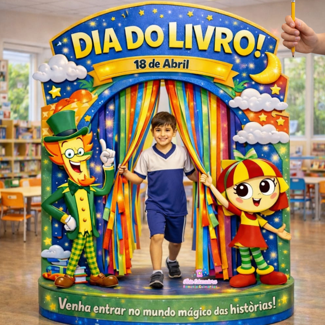📚✨ Painel  Portal Interativo Dia do Livro + Lembrancinha porteira para lápis