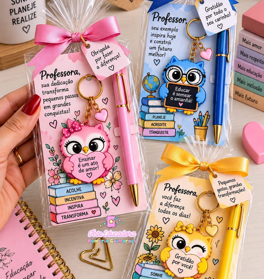 🦉✨ KIT CARTÃO + CHAVEIRO CORUJINHAS – DIA DOS PROFESSORES✨🖊️