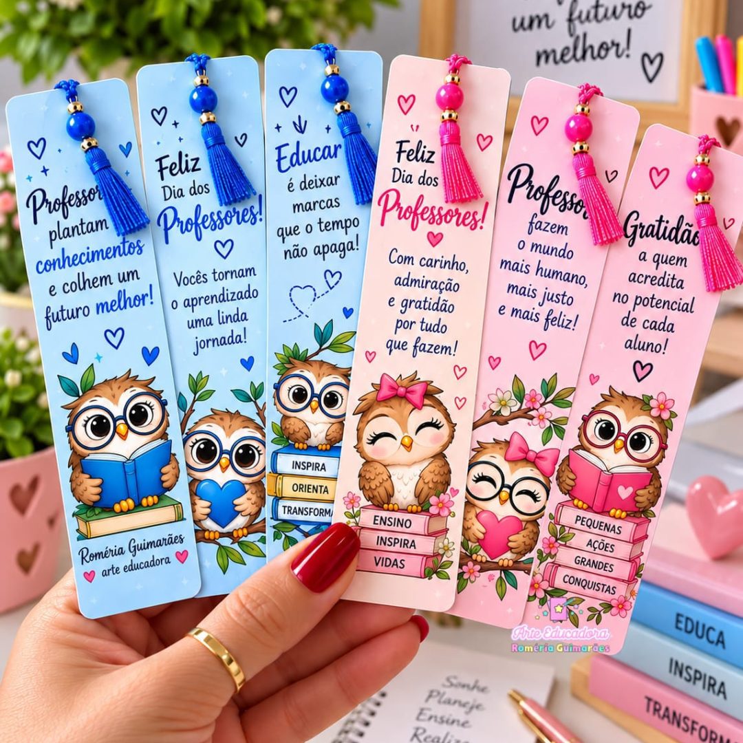 📚🦉 MARCA-PÁGINAS – DIA DOS PROFESSORES 💖 + BRINDE
